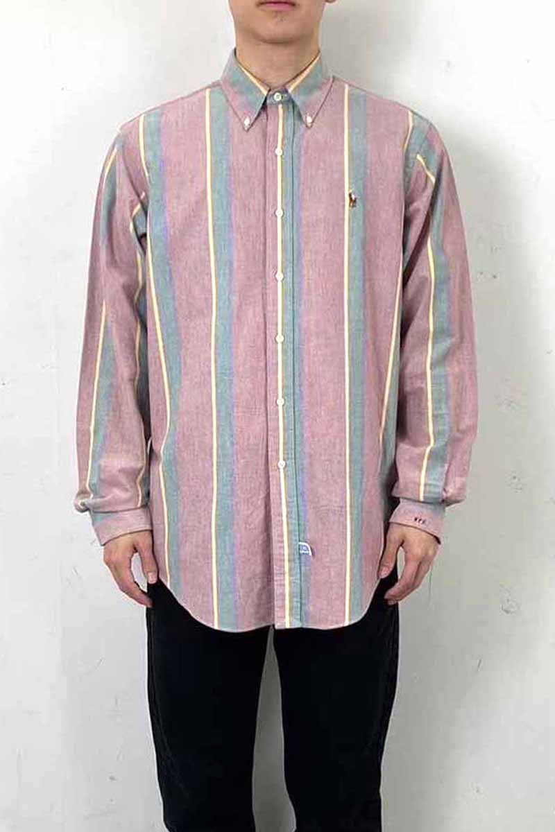 90'S L/S B.D COTTON OXFORD STRIPE SHIRT / PURPLE [SIZE: L USED]
