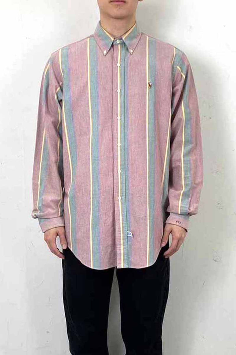 90'S L/S B.D COTTON OXFORD STRIPE SHIRT / PURPLE [SIZE: L USED]