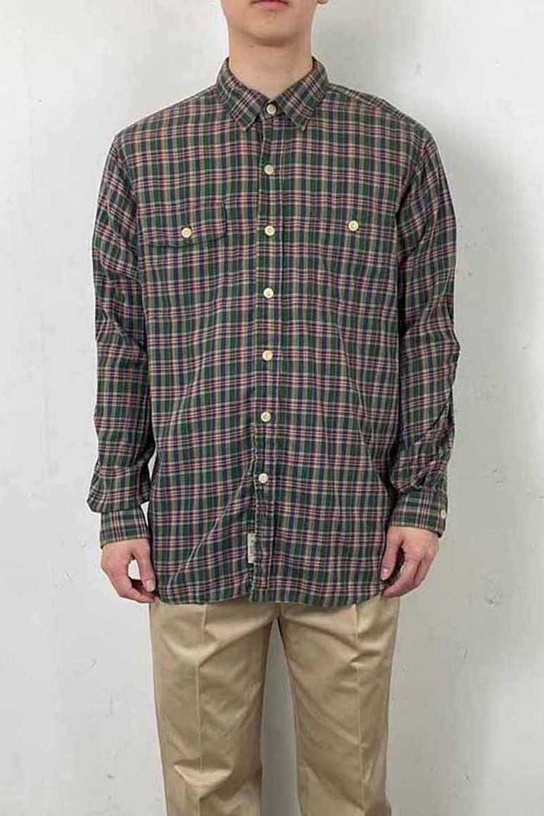 90'S L/S LEATHER ELBOW PATCH COTTON CHECK SHIRT / GREEN [SIZE: L USED]
