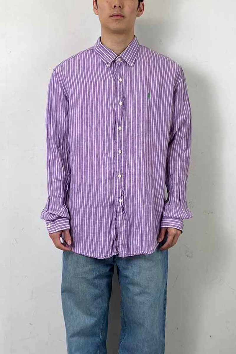 90'S L/S B.D LINEN STRIPE CUSTOM FIT SHIRT / PURPLE [SIZE: XL USED]