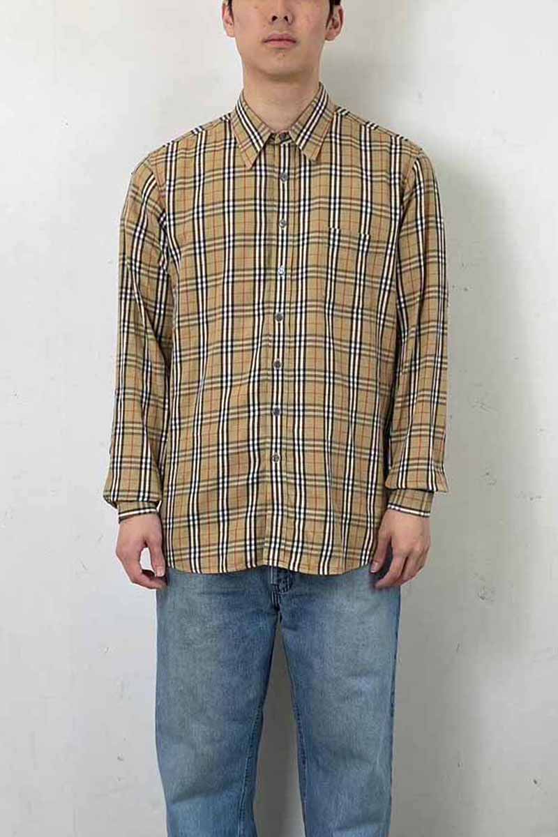 90'S L/S NOVA CHECK DRESS SHIRT / BEIGE [SIZE: L USED]