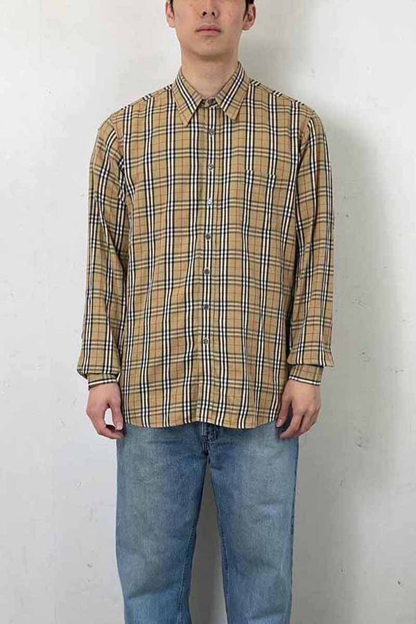 90'S L/S NOVA CHECK DRESS SHIRT / BEIGE [SIZE: L USED]