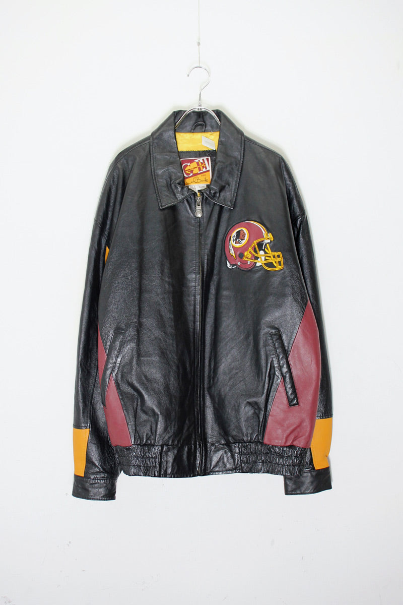 90'S REDSKINS BACK EMBROIDERY LEATHER STADIUM JACKET / BLACK [ SIZE: XL USED ]