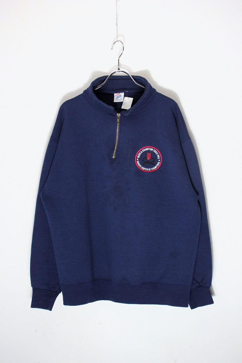 MADE IN USA 90'S USA BACK PRINT HALF-ZIP SWEATSHIRT / NAVY [SIZE: L USED]