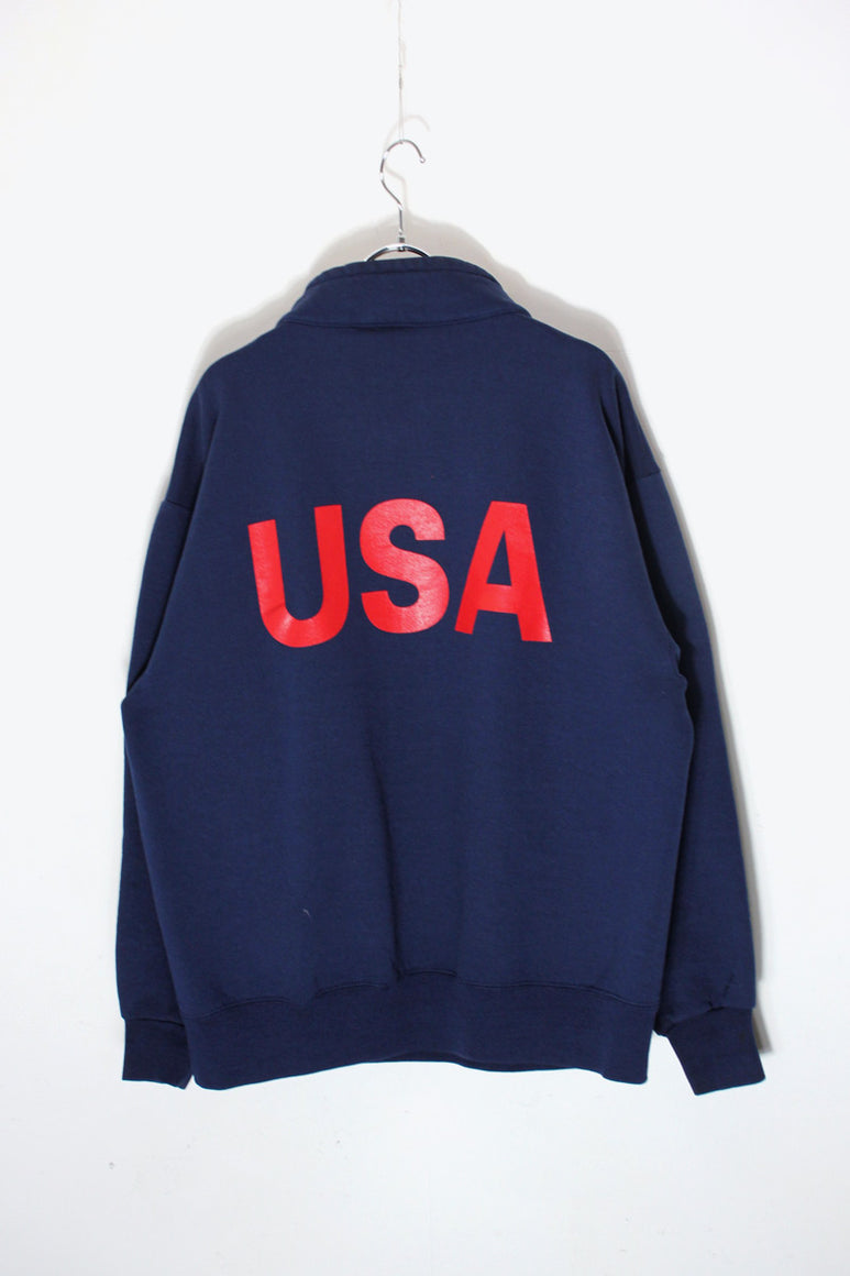 MADE IN USA 90'S USA BACK PRINT HALF-ZIP SWEATSHIRT / NAVY [SIZE: L USED]