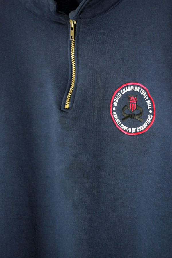 MADE IN USA 90'S USA BACK PRINT HALF-ZIP SWEATSHIRT / NAVY [SIZE: L USED]