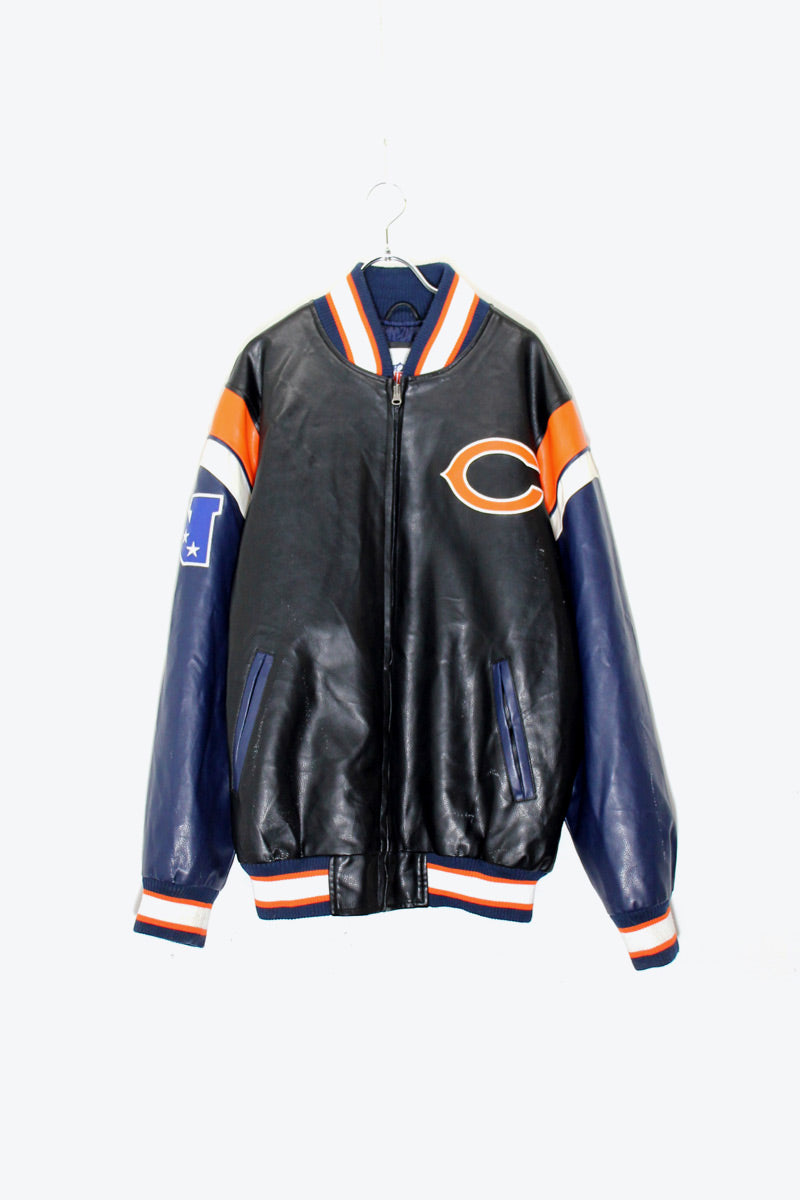 90'S C BACK EMBROIDERY VEGAN LEATHER STADIUM JACKET W/PUFF LINER / BLACK / ORANGE [ SIZE: M USED ]