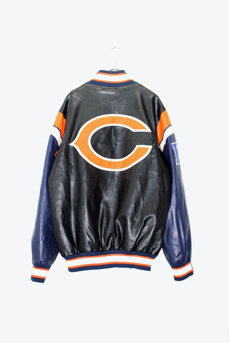 90'S C BACK EMBROIDERY VEGAN LEATHER STADIUM JACKET W/PUFF LINER / BLACK / ORANGE [ SIZE: M USED ]