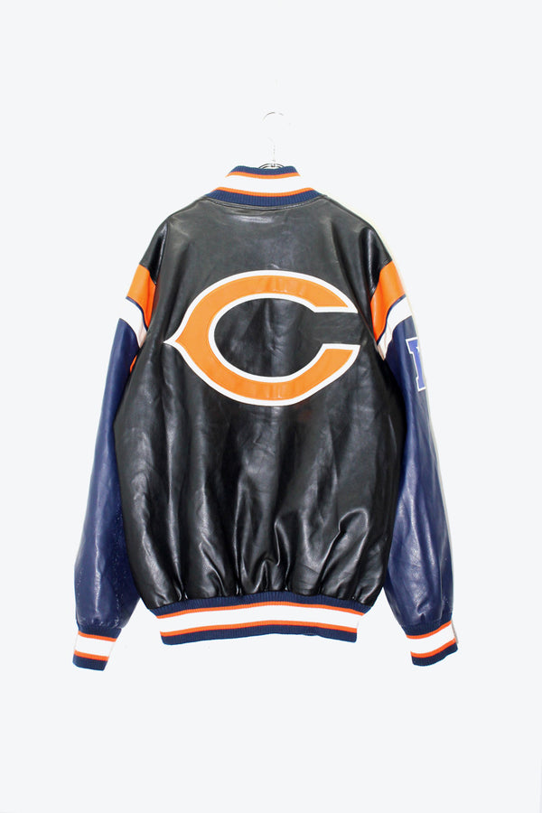 90'S C BACK EMBROIDERY VEGAN LEATHER STADIUM JACKET W/PUFF LINER / BLACK / ORANGE [ SIZE: M USED ]