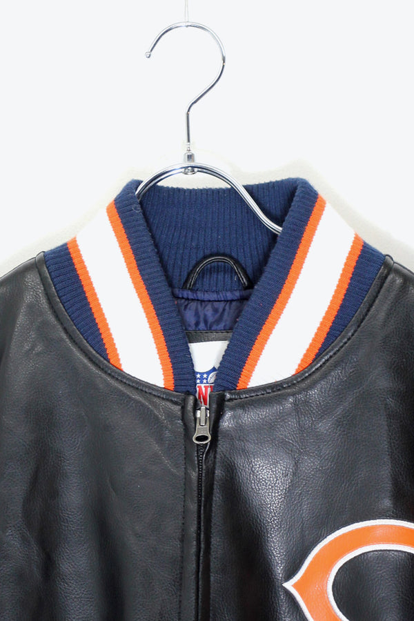 90'S C BACK EMBROIDERY VEGAN LEATHER STADIUM JACKET W/PUFF LINER / BLACK / ORANGE [ SIZE: M USED ]