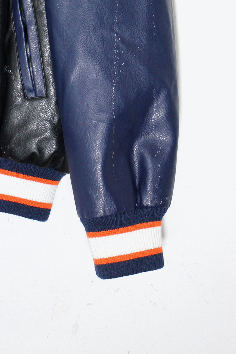 90'S C BACK EMBROIDERY VEGAN LEATHER STADIUM JACKET W/PUFF LINER / BLACK / ORANGE [ SIZE: M USED ]