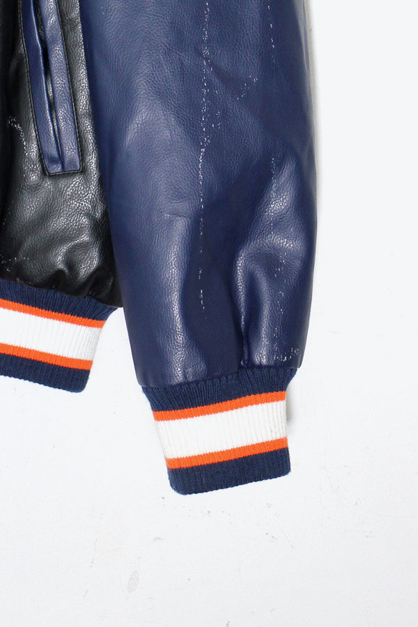 90'S C BACK EMBROIDERY VEGAN LEATHER STADIUM JACKET W/PUFF LINER / BLACK / ORANGE [ SIZE: M USED ]