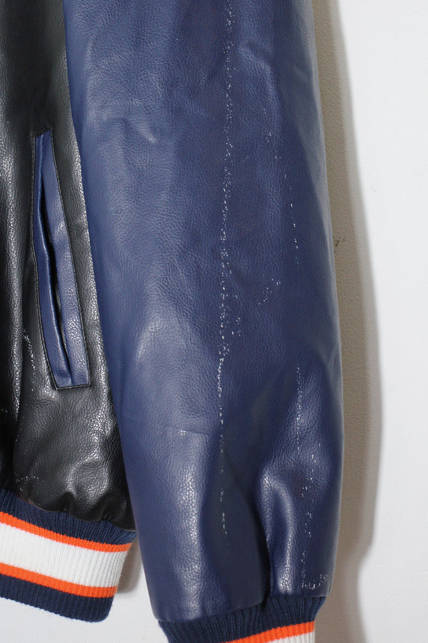 90'S C BACK EMBROIDERY VEGAN LEATHER STADIUM JACKET W/PUFF LINER / BLACK / ORANGE [ SIZE: M USED ]