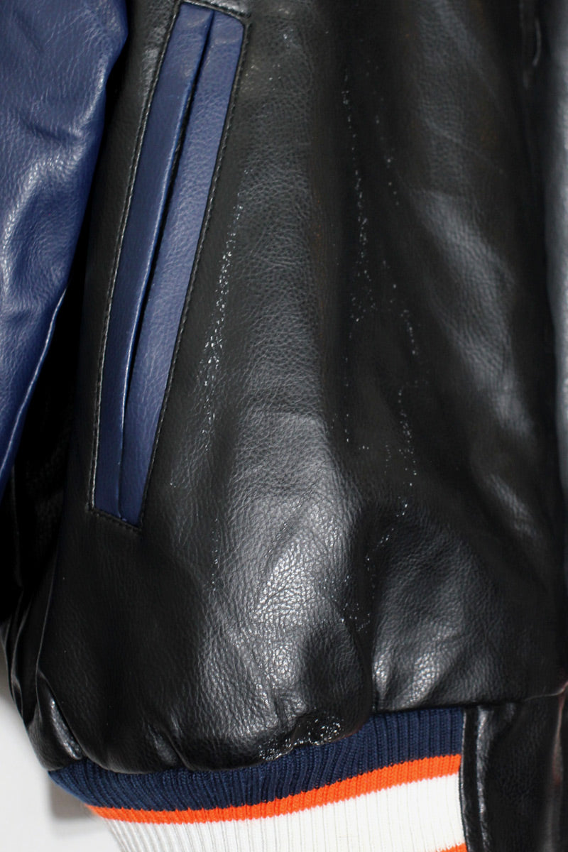 90'S C BACK EMBROIDERY VEGAN LEATHER STADIUM JACKET W/PUFF LINER / BLACK / ORANGE [ SIZE: M USED ]