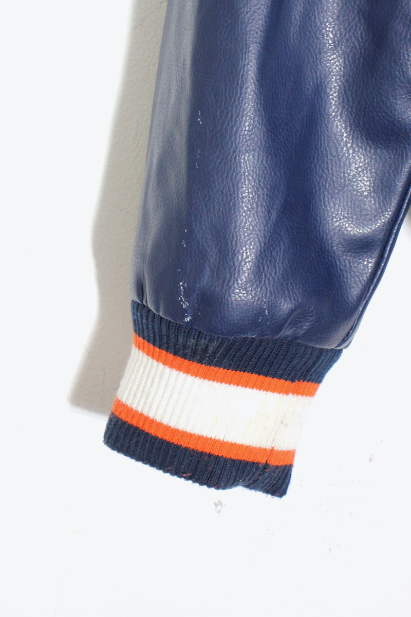 90'S C BACK EMBROIDERY VEGAN LEATHER STADIUM JACKET W/PUFF LINER / BLACK / ORANGE [ SIZE: M USED ]