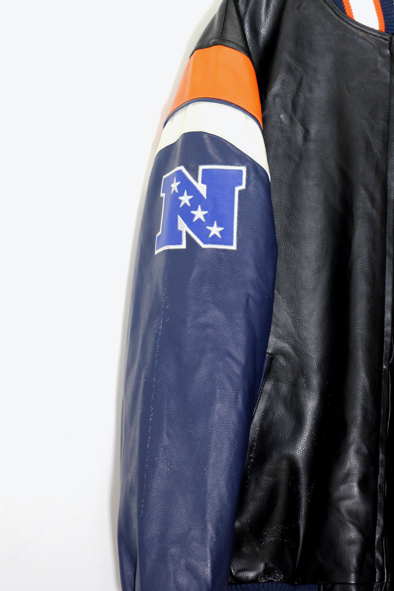 90'S C BACK EMBROIDERY VEGAN LEATHER STADIUM JACKET W/PUFF LINER / BLACK / ORANGE [ SIZE: M USED ]