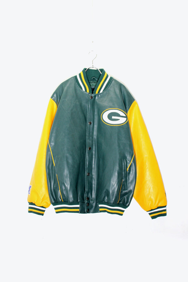 90'S PACKERS BACK EMBROIDERY VEGAN LEATHER STADIUM JACKET / GREEN / YELLOW [ SIZE: XL USED ]
