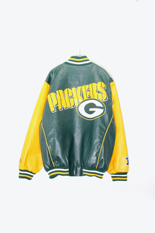 90'S PACKERS BACK EMBROIDERY VEGAN LEATHER STADIUM JACKET / GREEN / YELLOW [ SIZE: XL USED ]