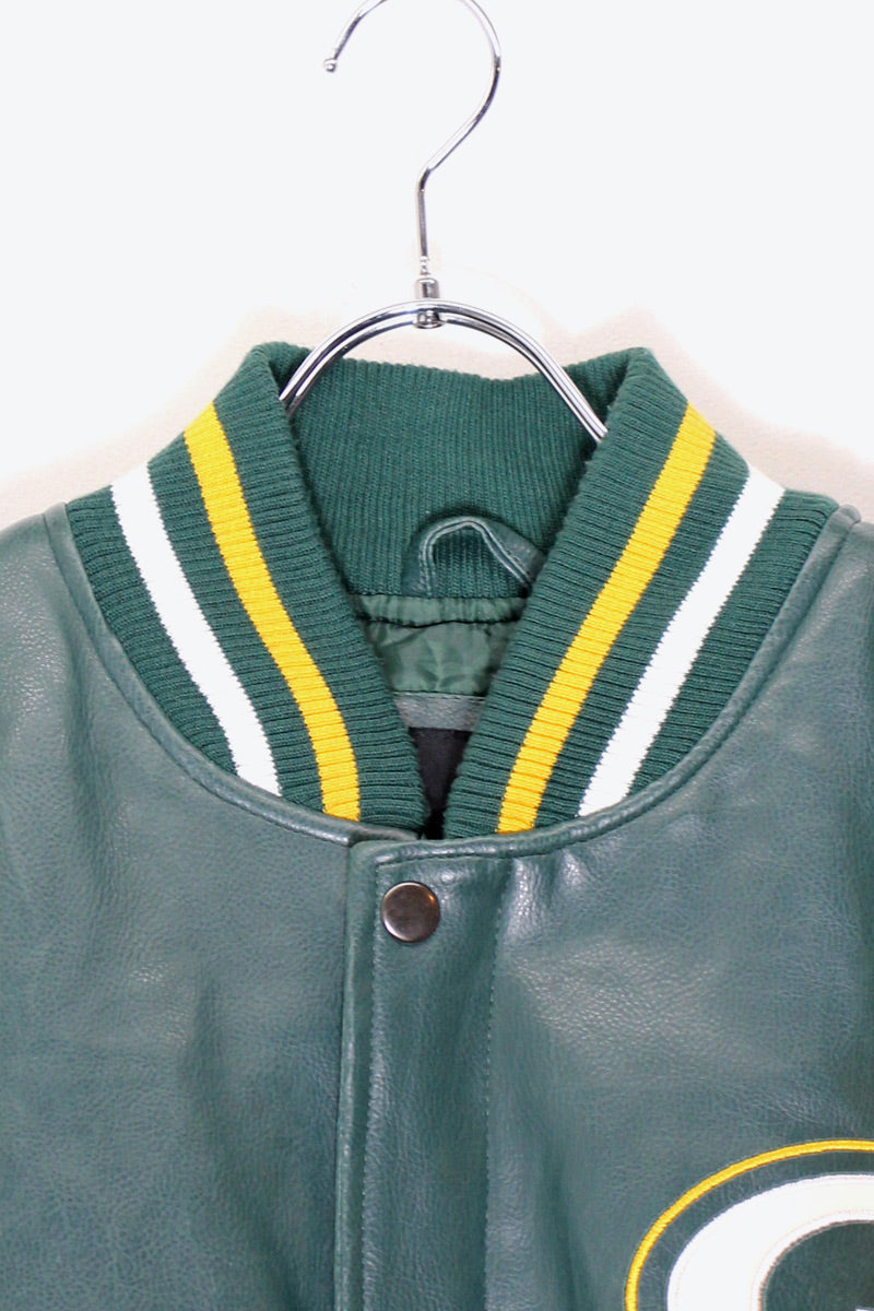 90'S PACKERS BACK EMBROIDERY VEGAN LEATHER STADIUM JACKET / GREEN / YELLOW [ SIZE: XL USED ]