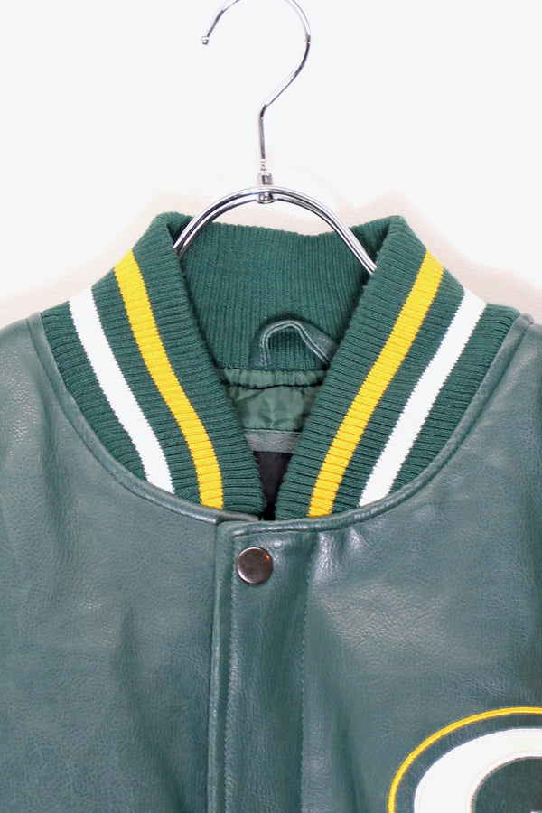 90'S PACKERS BACK EMBROIDERY VEGAN LEATHER STADIUM JACKET / GREEN / YELLOW [ SIZE: XL USED ]