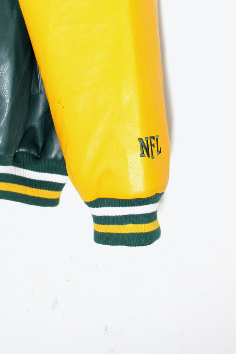 90'S PACKERS BACK EMBROIDERY VEGAN LEATHER STADIUM JACKET / GREEN / YELLOW [ SIZE: XL USED ]