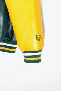 90'S PACKERS BACK EMBROIDERY VEGAN LEATHER STADIUM JACKET / GREEN / YELLOW ［ SIZE: XL USED ]