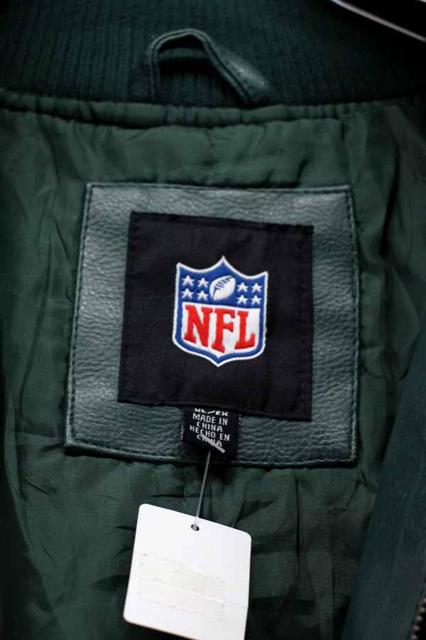 90'S PACKERS BACK EMBROIDERY VEGAN LEATHER STADIUM JACKET / GREEN / YELLOW [ SIZE: XL USED ]