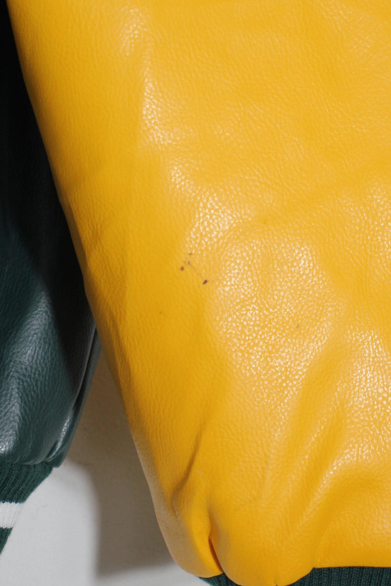 90'S PACKERS BACK EMBROIDERY VEGAN LEATHER STADIUM JACKET / GREEN / YELLOW [ SIZE: XL USED ]