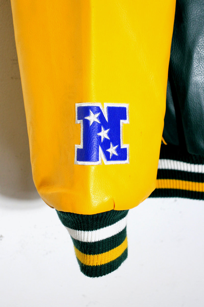 90'S PACKERS BACK EMBROIDERY VEGAN LEATHER STADIUM JACKET / GREEN / YELLOW [ SIZE: XL USED ]