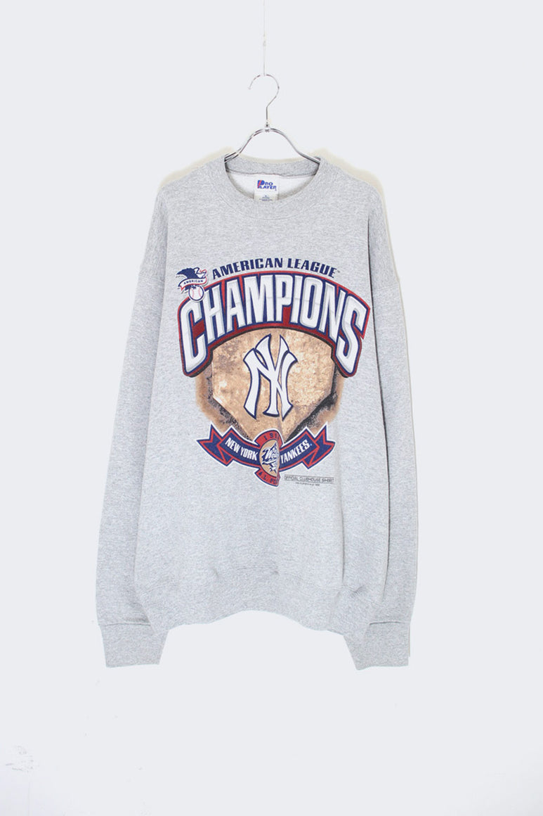 MADE IN USA 98'S MLB NY YANKEES CHAMPION PRINT SWEATSHIRT / GREY [SIZE: XL USED]