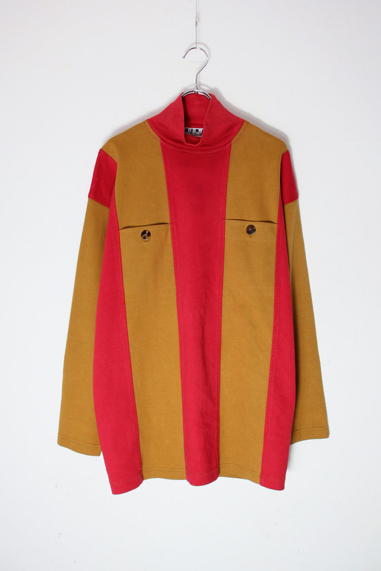 90'S L/S MOCK NECK COLOR BLOCK TEE SHIRT / RED/KHAKI [SIZE: L相当 USED]