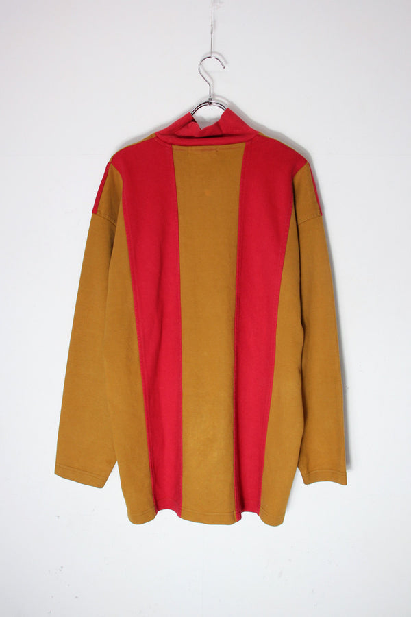 90'S L/S MOCK NECK COLOR BLOCK TEE SHIRT / RED/KHAKI [SIZE: L Equivalent USED]