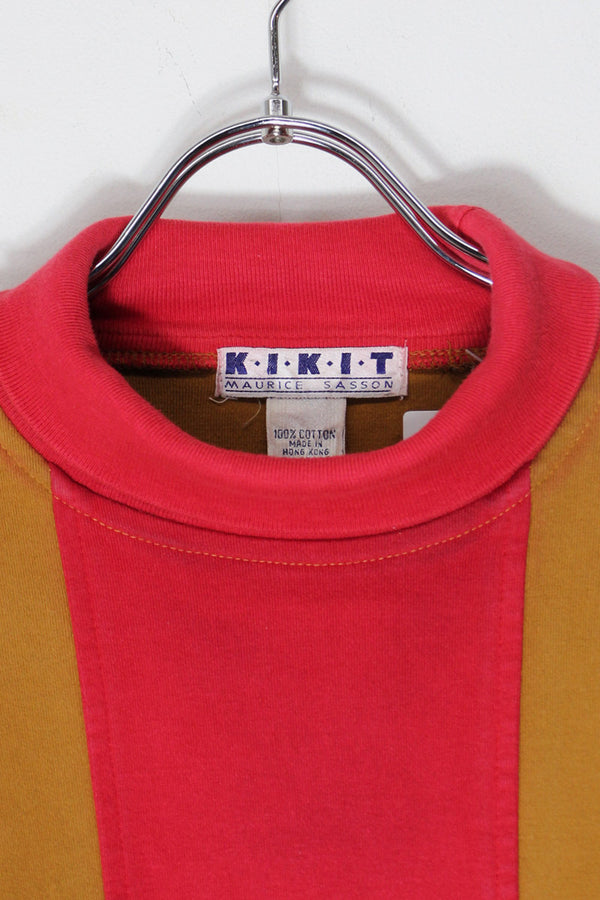 90'S L/S MOCK NECK COLOR BLOCK TEE SHIRT / RED/KHAKI [SIZE: L Equivalent USED]