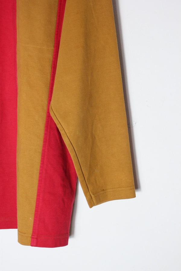 90'S L/S MOCK NECK COLOR BLOCK TEE SHIRT / RED/KHAKI [SIZE: L Equivalent USED]