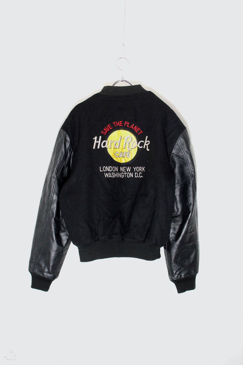 90'S HARD ROCK BACK EMBROIDERY WOOL LEATHER STADIUM JACKET W/QUILTING LINER / BLACK［SIZE: M USED]