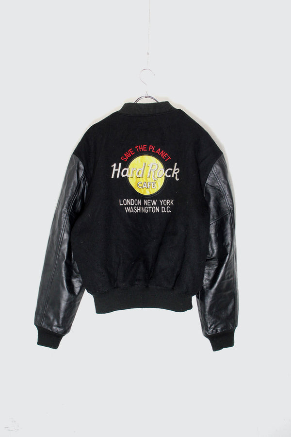 90'S HARD ROCK BACK EMBROIDERY WOOL LEATHER STADIUM JACKET W/QUILTING LINER / BLACK［SIZE: M USED]
