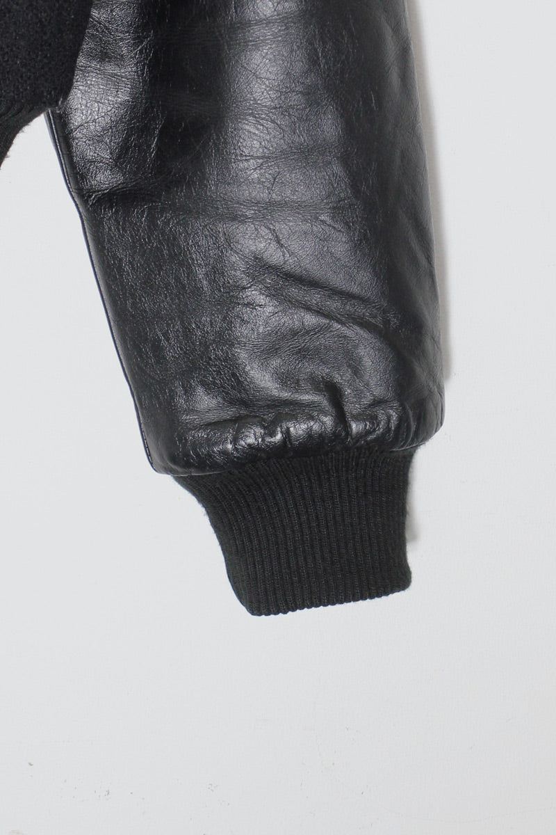 90'S HARD ROCK BACK EMBROIDERY WOOL LEATHER STADIUM JACKET W/QUILTING LINER / BLACK［SIZE: M USED]