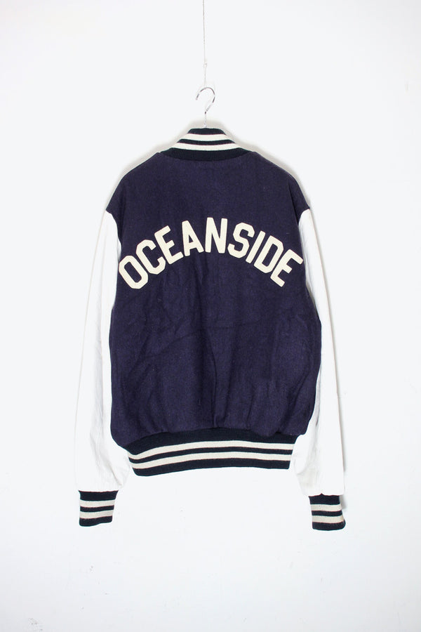 MADE IN USA 90'S OCEAN SIDE BACK PATCH WOOL LEATHER STADIUM JACKET W/QUILTING LINER / NAVY / WHITE [SIZE: L USED]