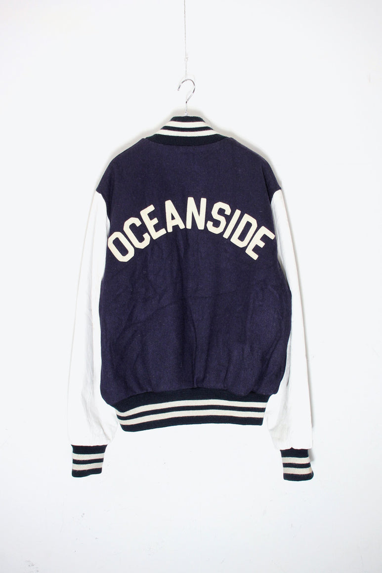 MADE IN USA 90'S OCIAN SIDE BACK PATCH WOOL LEATHER STADIUM JACKET W/QUILTING LINER / NAVY / WHITE［SIZE: L USED]
