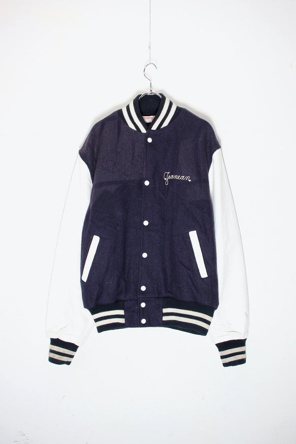MADE IN USA 90'S OCEAN SIDE BACK PATCH WOOL LEATHER STADIUM JACKET W/QUILTING LINER / NAVY / WHITE [SIZE: L USED]
