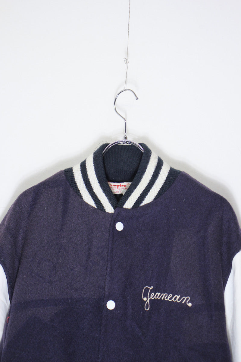 MADE IN USA 90'S OCEAN SIDE BACK PATCH WOOL LEATHER STADIUM JACKET W/QUILTING LINER / NAVY / WHITE [SIZE: L USED]