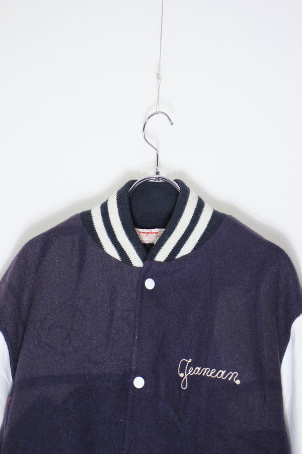 MADE IN USA 90'S OCEAN SIDE BACK PATCH WOOL LEATHER STADIUM JACKET W/QUILTING LINER / NAVY / WHITE [SIZE: L USED]
