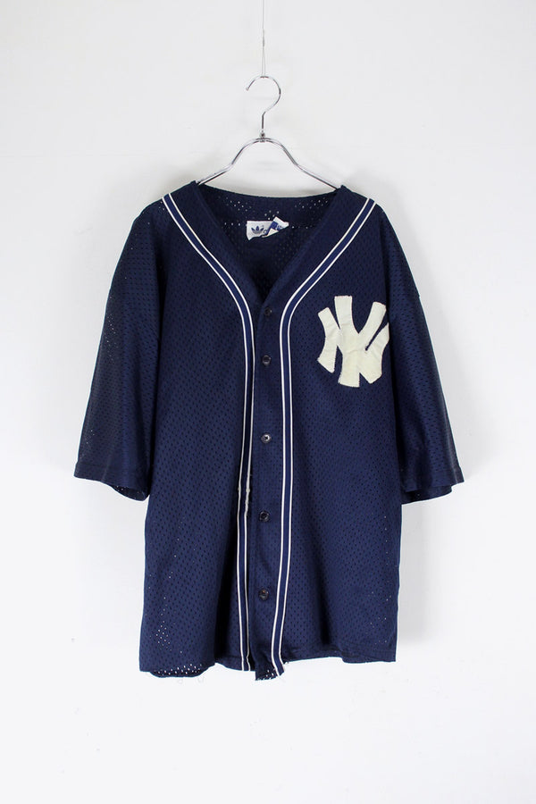 MADE IN USA 80'S NY YANKEES BASEBALL SHIRT / NAVY [SIZE: L USED]