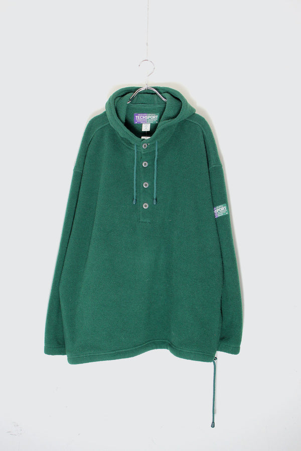 90'S HALF BUTTON PULLOVER FLEECE HOODIE / GREEN [ SIZE: M USED ]