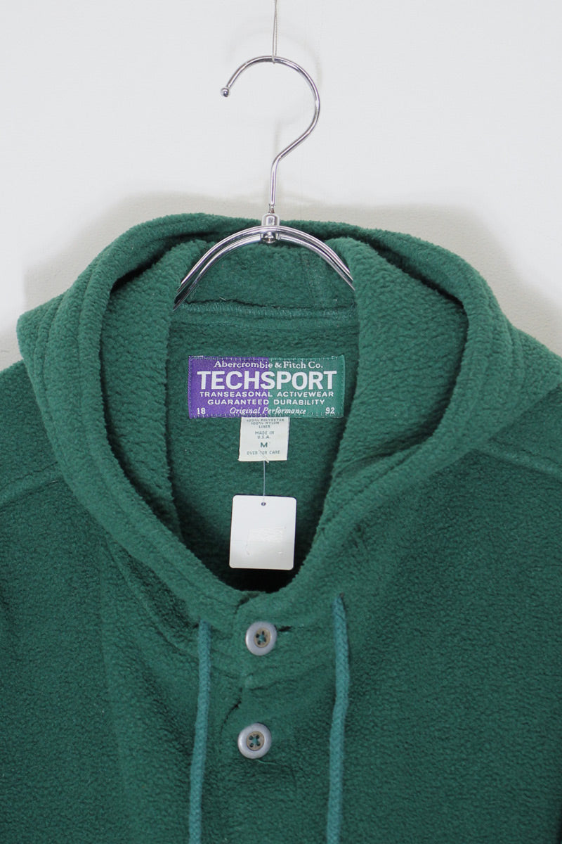90'S HALF BUTTON PULLOVER FLEECE HOODIE / GREEN [ SIZE: M USED ]