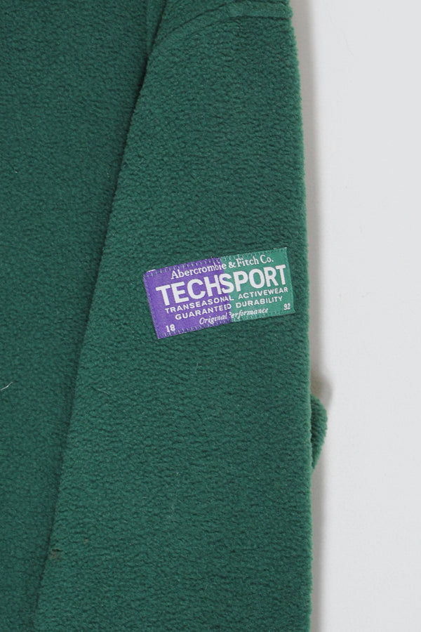 90'S HALF BUTTON PULLOVER FLEECE HOODIE / GREEN [ SIZE: M USED ]