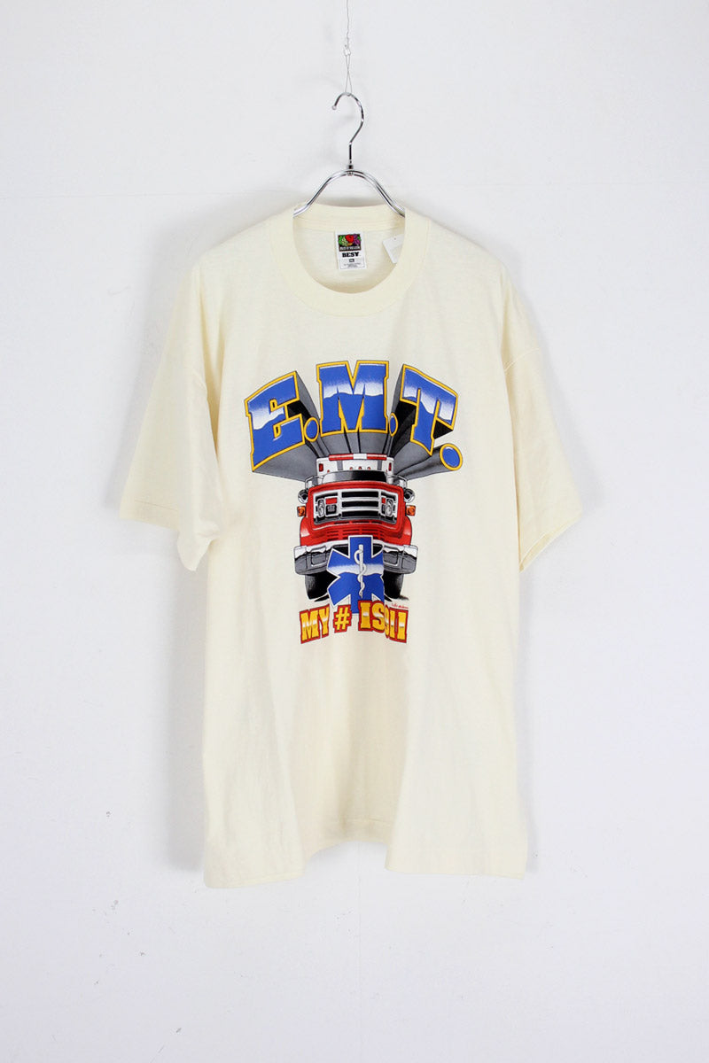 MADE IN USA 90'S E.M.T TEE SHIRT / CREAM [SIZE: XXL DEAD STOCK]