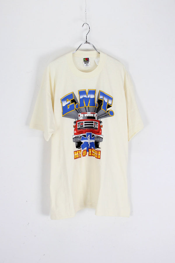 MADE IN USA 90'S E.M.T TEE SHIRT / CREAM [SIZE: XXL DEAD STOCK]