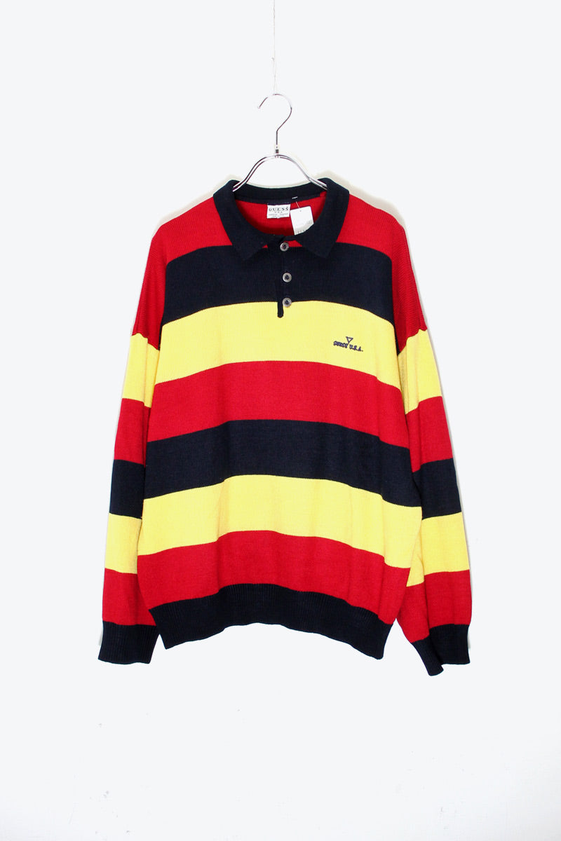 MADE IN USA 90'S BORDER COTTON KNIT POLO SHIRT / BLACK / RED / YELLOW [SIZE: M equivalent USED]