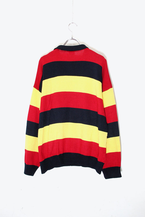 MADE IN USA 90'S BORDER COTTON KNIT POLO SHIRT / BLACK / RED / YELLOW [SIZE: M equivalent USED]